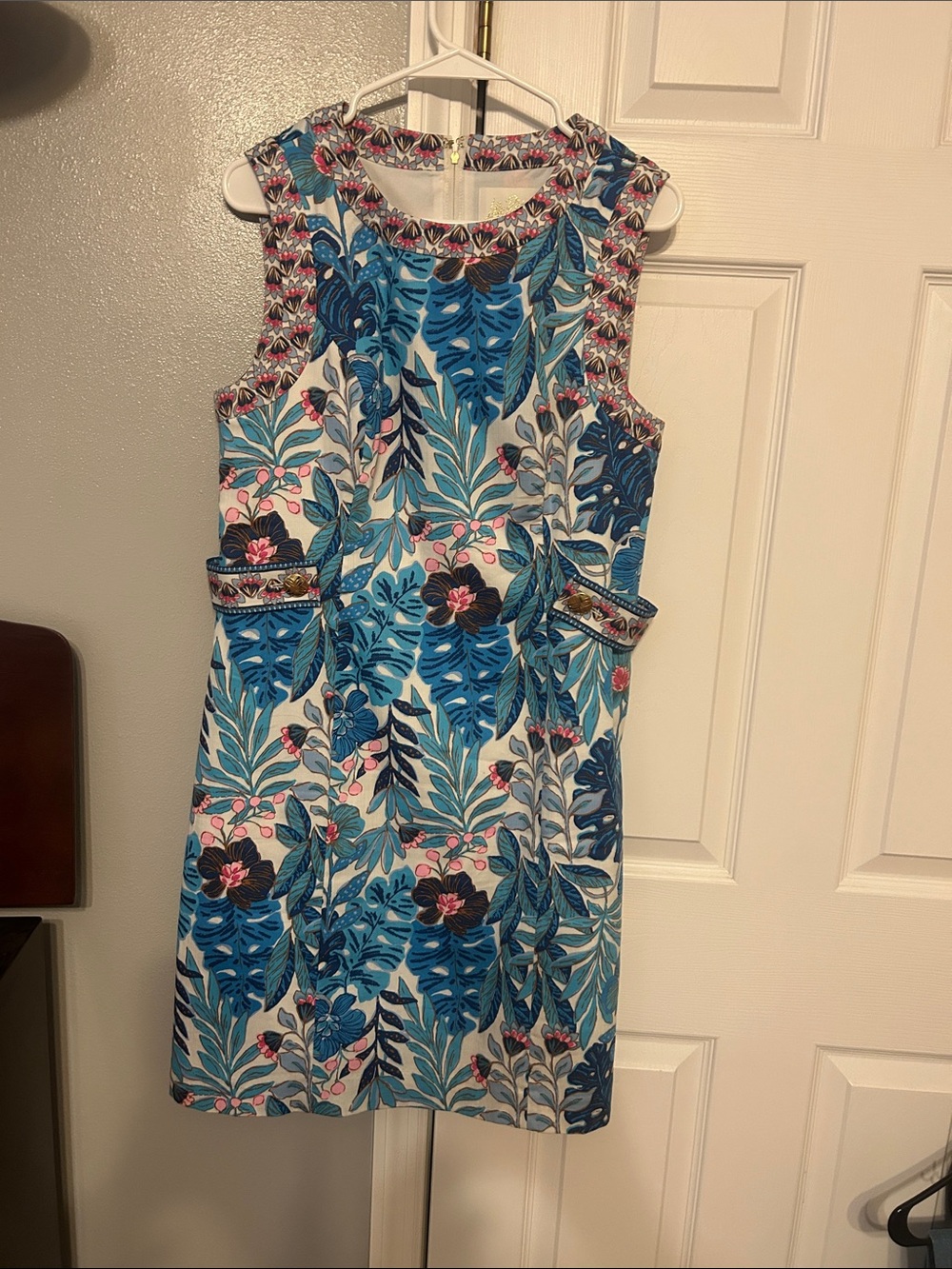 Lilly Pulitzer Blue Floral Sleeveless Midi Dress with Pink Accents